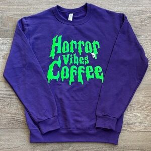 Horror Vibes Coffee Shop Logo Purple Crewneck Sweater Green Slime Puffy Graphic